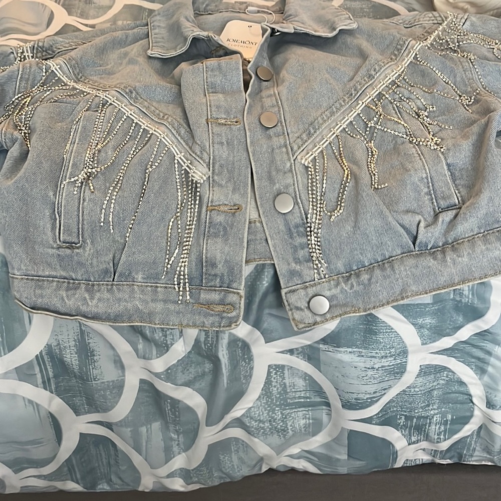 Joiemont Womens Denim Jacket with Fringe Rhinestones Long Sleeve Jean Coat